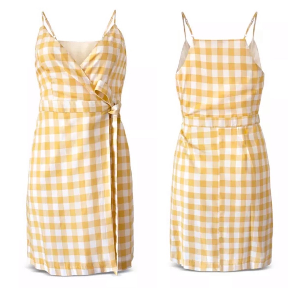 ✅SOLD✅ BCBGENERATION Yellow Gingham Checked Wrap Mini Dress L Barbiecore